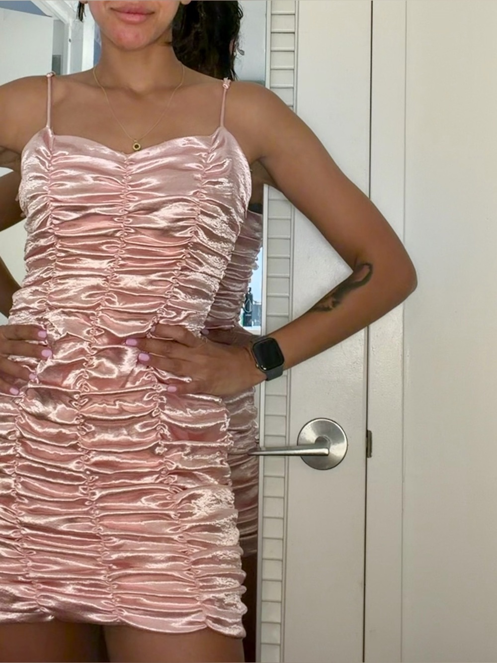 Urban Outfitters Blush Pink Ruched Satin Mini Dress - Size Small